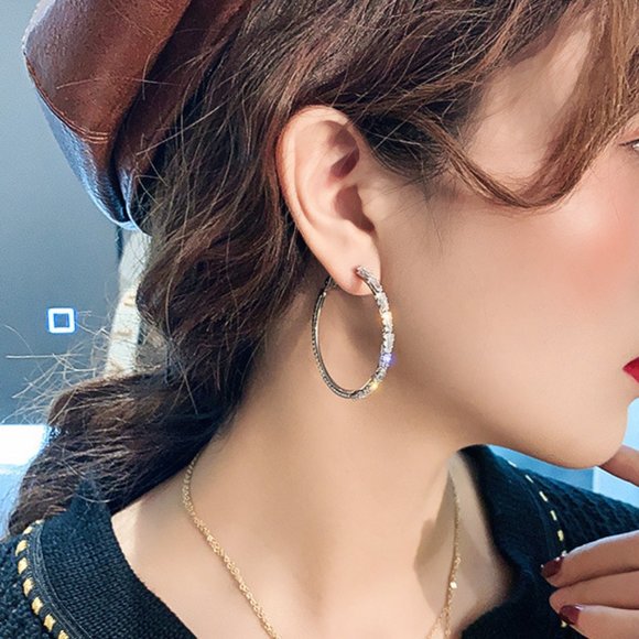 NEW 1.75'' 925 Silver Diamond Hoop Earrings - Picture 5 of 8